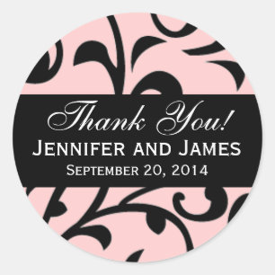 Black Swirl Damask Wedding Gracias Etiquetas Rosa