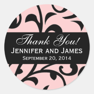 Black Swirl Damask Wedding Gracias Etiquetas Rosa
