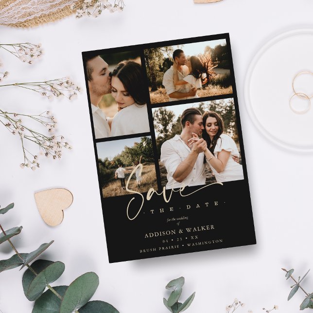 Black Trendy Collage Boda Save Date 4 Fotos (Subido por el creador)