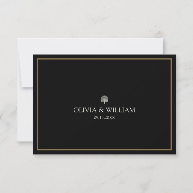 Black Tropical Peacock Palm Wedding RSVP (Anverso)
