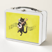 Black Vintage Cat jugando banjo en notas musicales