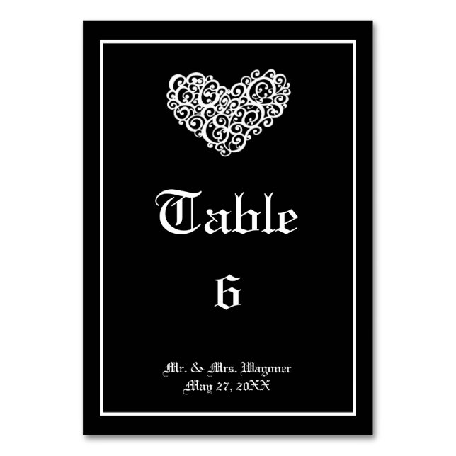 Black w/White Swirly Heart - Tarjeta de mesa 3x5 (Anverso)