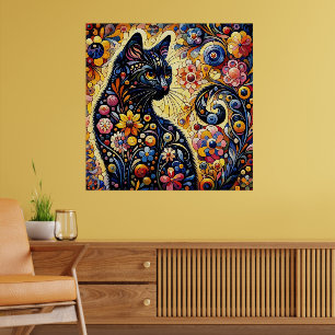 Black Whimsical Cat Resumen Arte de pintura floral