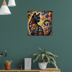 Black Whimsical Cat Resumen Arte de pintura floral
