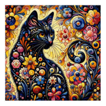 Black Whimsical Cat Resumen Arte de pintura floral