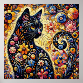 Black Whimsical Cat Resumen Arte de pintura floral