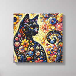 Black Whimsical Cat Resumen Arte de pintura floral