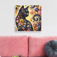 Black Whimsical Cat Resumen Arte de pintura floral