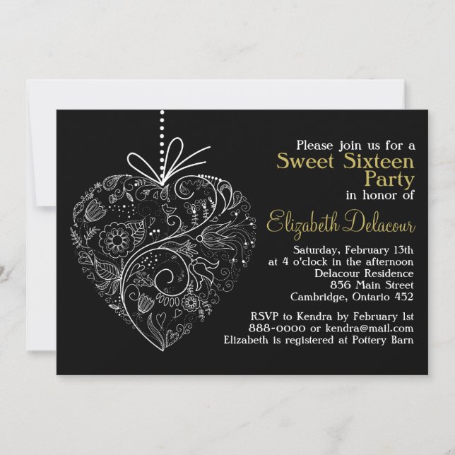 Black Whimsical Heart Sweet 16 Invitaciones (Anverso)