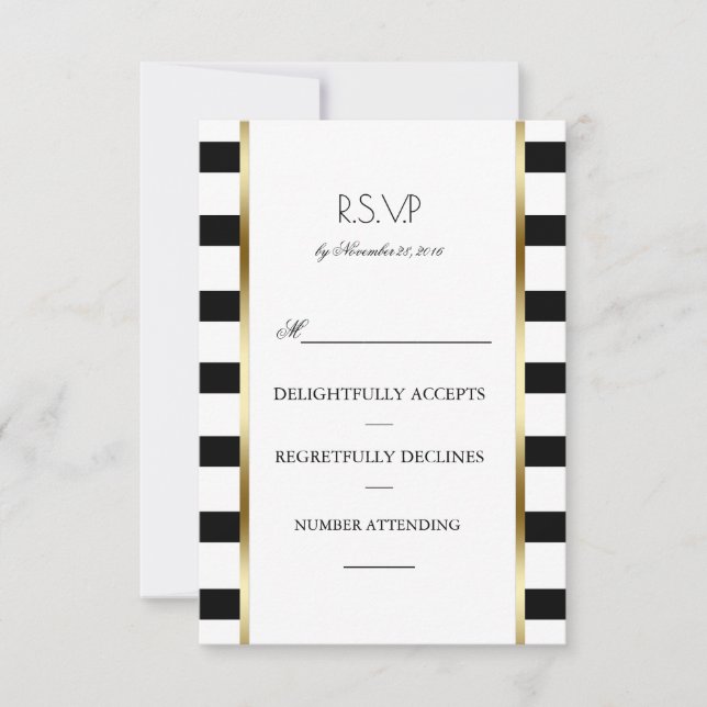 Black White and Gold Stripes Wedpes Rsvp (Anverso)