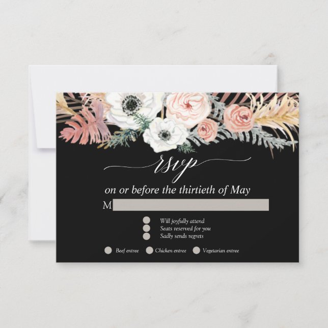 Black White Boho Pampas Grasa Floral Tropical RSVP (Anverso)