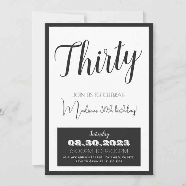 Black White Bold 30 Invitación de cumpleaños cualq (Anverso)