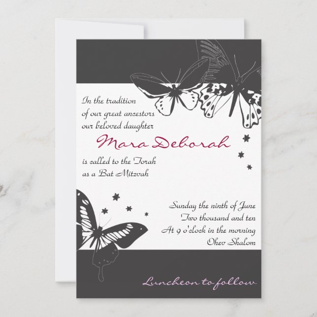 BLACK & WHITE BOTTERFLY Bat Mitzvah Invitación (Anverso)
