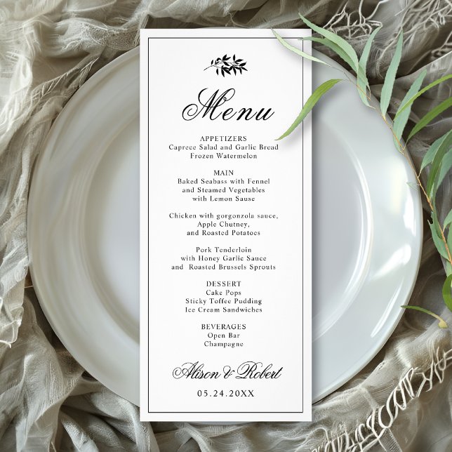 Black white branch Old Money wedding menu card (Subido por el creador)