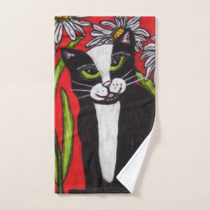 Black White Cat Ojos verdes White Daisies Rojo