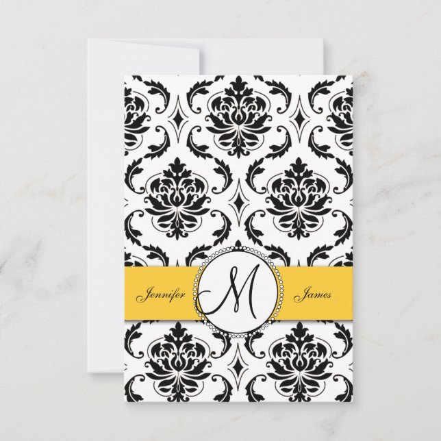Black White Damask Yellow Wedding RSVP (Anverso)