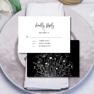 Black White Elegant Script Floral Wedding RSVP