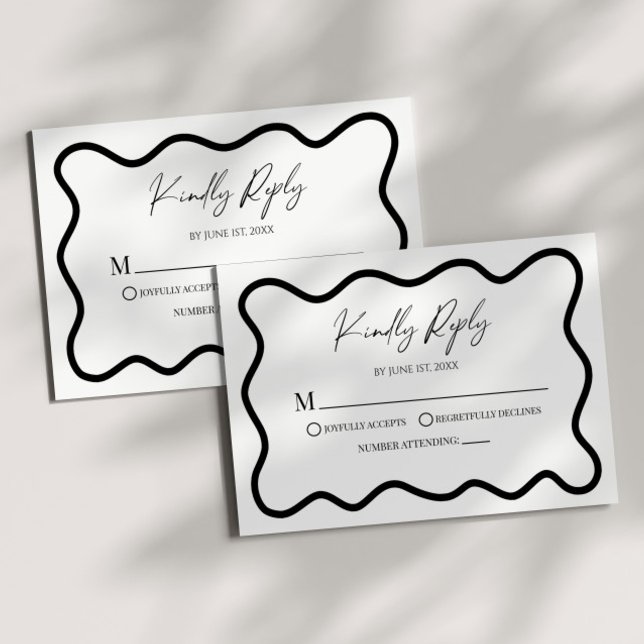 Black White Elegant Wavy Border Wedding RSVP Card (Subido por el creador)
