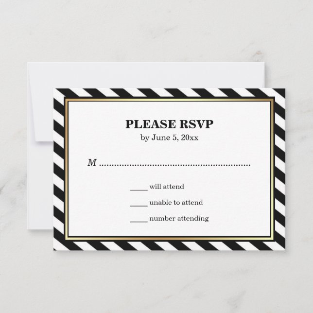 Black White Gold Modern Glam Stripes Wedding RSVP (Anverso)