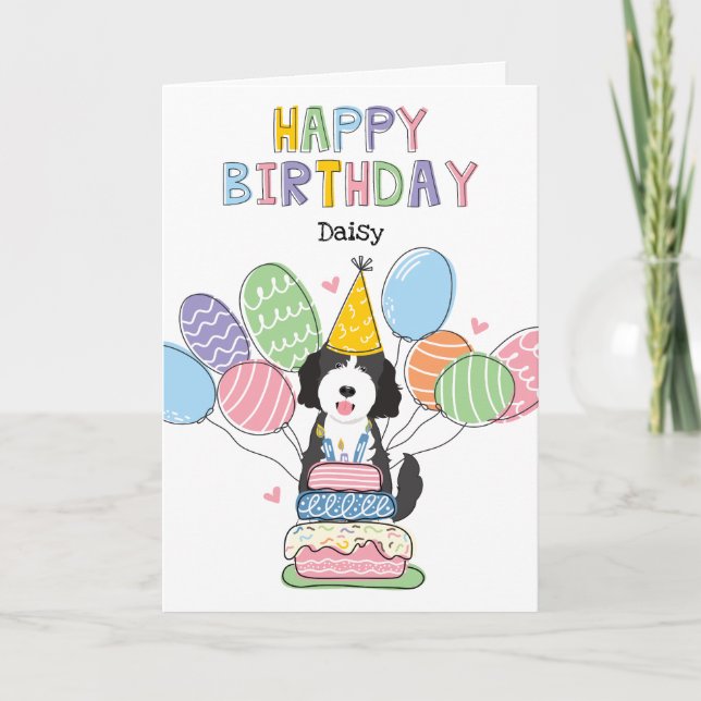 Black White Goldendoodle Dog Tarjeta de cumpleaños (Anverso)
