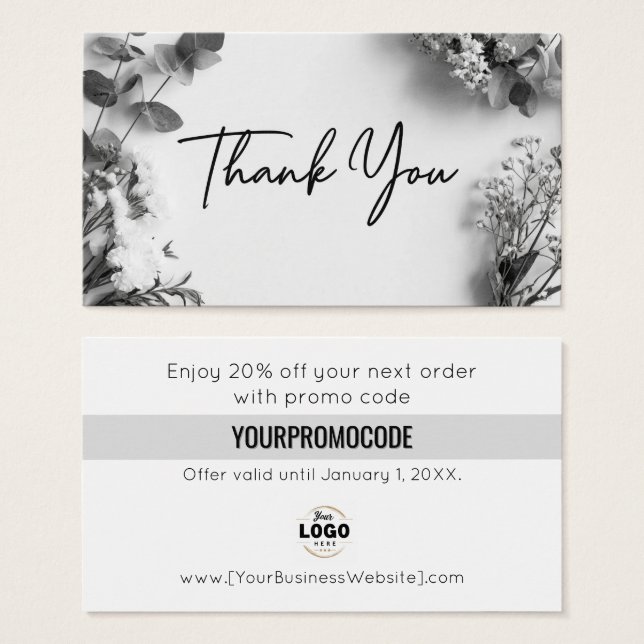 Black White Gray Botanical Thank You Discount Card (Anverso y reverso)