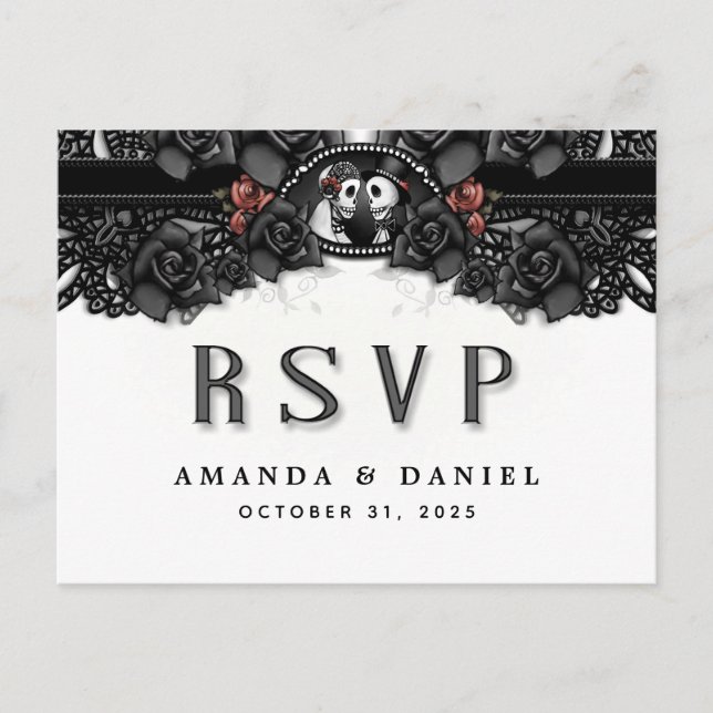 Black White Halloween Skeletons MENU RSVP PostCard (Anverso)