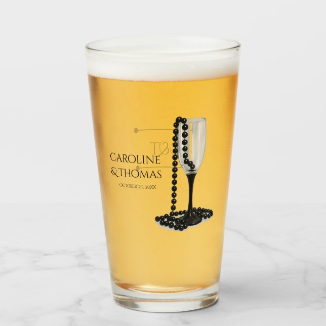 Black & White Pearl Champagne Glass Wedding (Anverso (lleno))