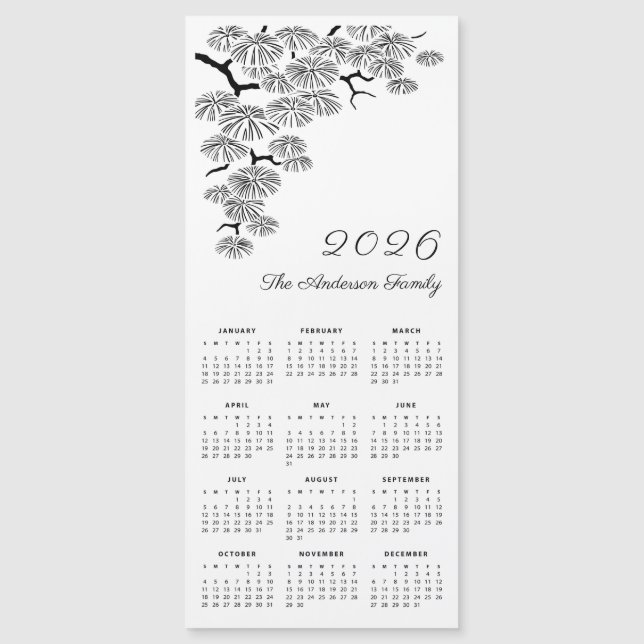 Black White Pine Branch Botanical Calendar 2026 (Anverso)
