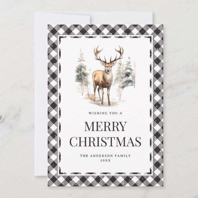 Black White Plaid Watercolor Deer Feliz Navidad (Anverso)