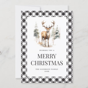 Black White Plaid Watercolor Deer Feliz Navidad