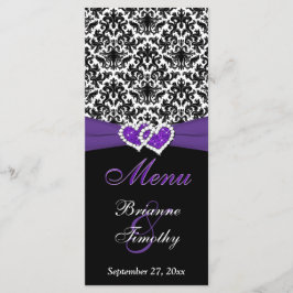 Black, White, Purple Damask, Hearts Boda Menu