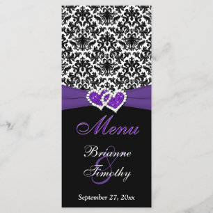 Black, White, Purple Damask, Hearts Boda Menu