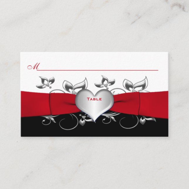 Black, White, Red Floral, Heart Tarjeta de asiento (Anverso)