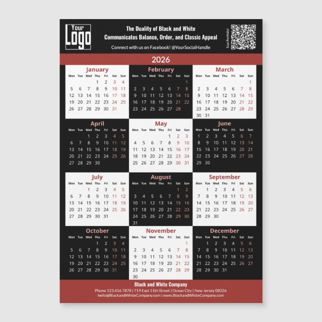 Black, White, Red Your Logo 2026 Calendar Magnet (Anverso)