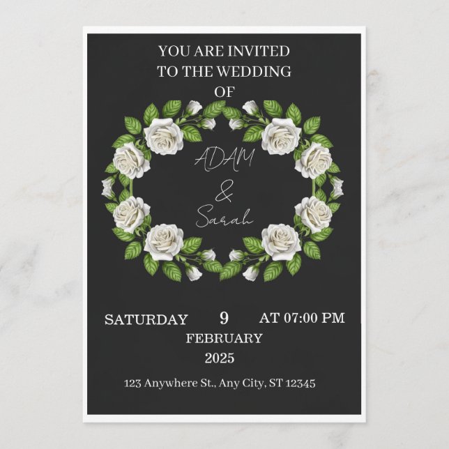 Black & White Rose Wreath Wedding Invitation (Anverso)