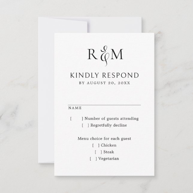 Black White Simple Monograma Wedding RSVP (Anverso)
