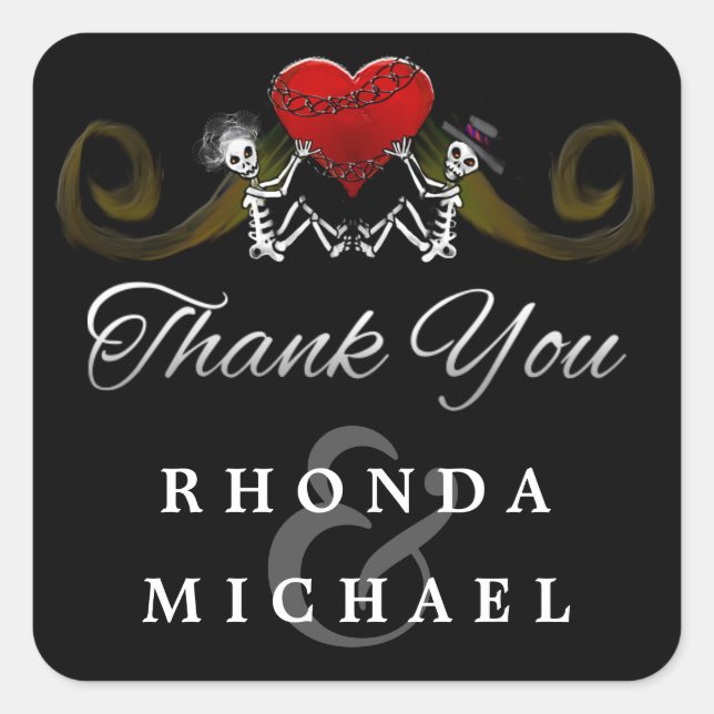 Black White Skeletons Heart Gracias Etiqueta (Anverso)