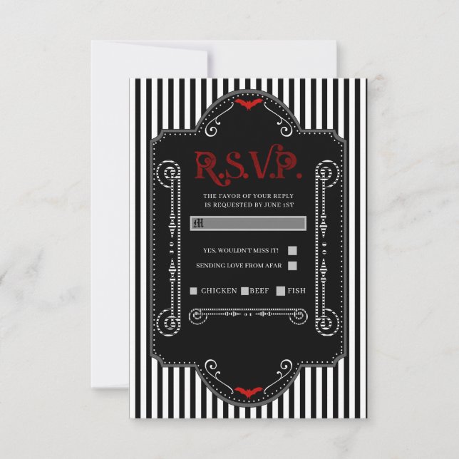 Black White Stripes Red Gothic Boda RSVP (Anverso)
