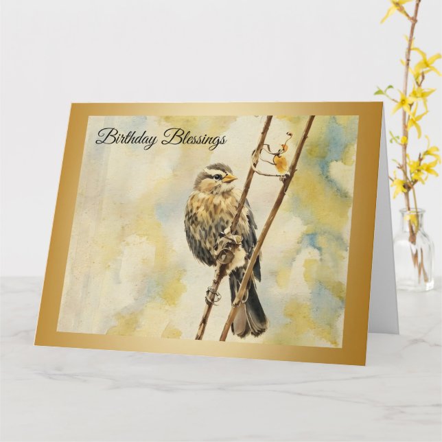 Blackbird de ala roja - Tarjeta de cumpleaños (flor amarilla)