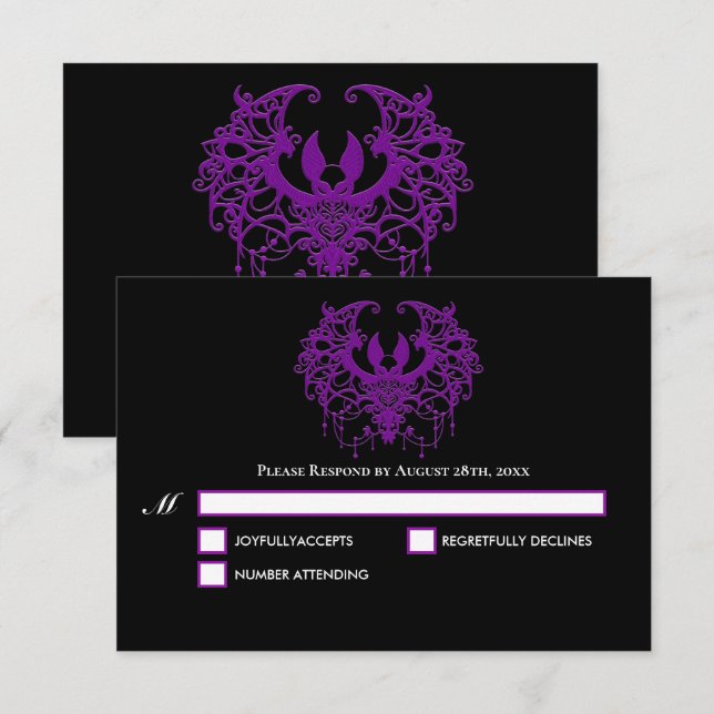 Blak purple Gothic Halloween Wedding RSVP Card (Anverso / Reverso)