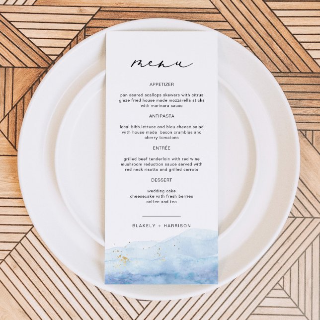 BLAKELY Dusty Blue Watercolor Beach Wedding Menu (Subido por el creador)