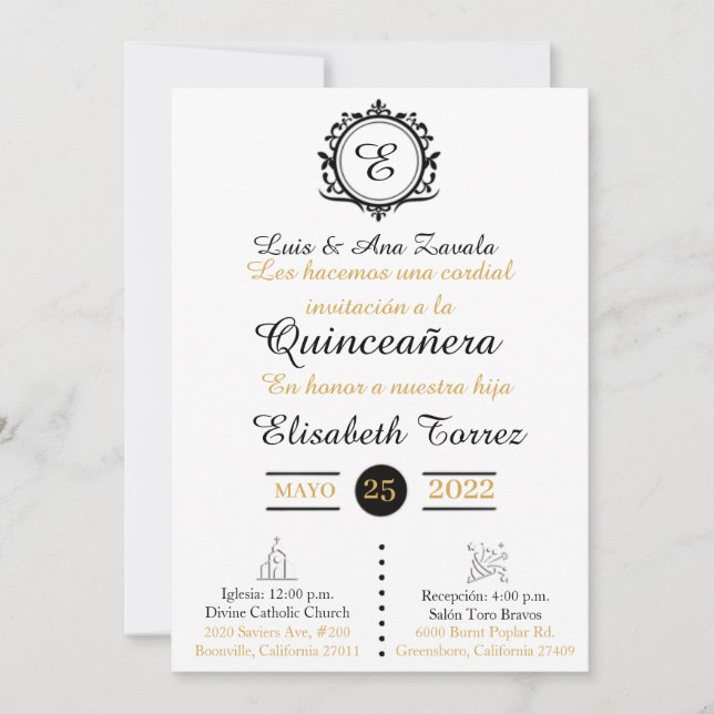 Blan  oro  invitations for quinceañera elegante  (Anverso)