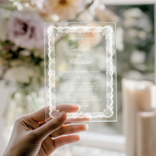 Blanca Elegante Invitación de Boda de Encaje Acríl