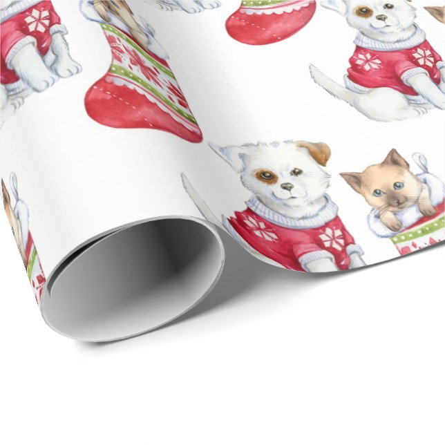 Blanca| Papel envuelto para Navidades de cachorros (Esquina del rollo)