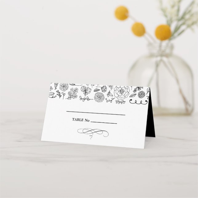 Blanca | Tarjetas de mesa de Boda floral negro (Anverso)