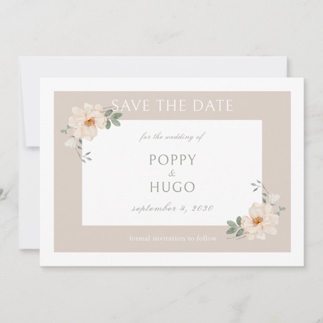 Blanco & Arena | Chic Floral Boda Guardar la Fecha (Anverso)