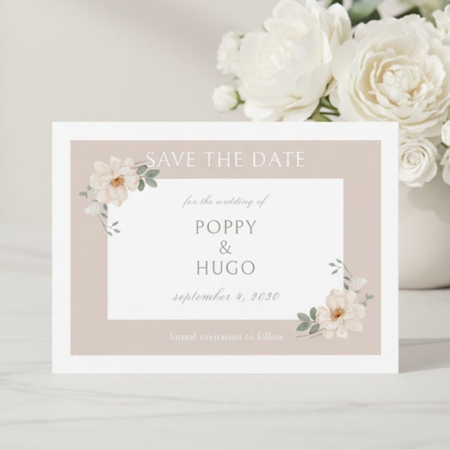 Blanco & Arena | Chic Floral Boda Save the Date (Subido por el creador)