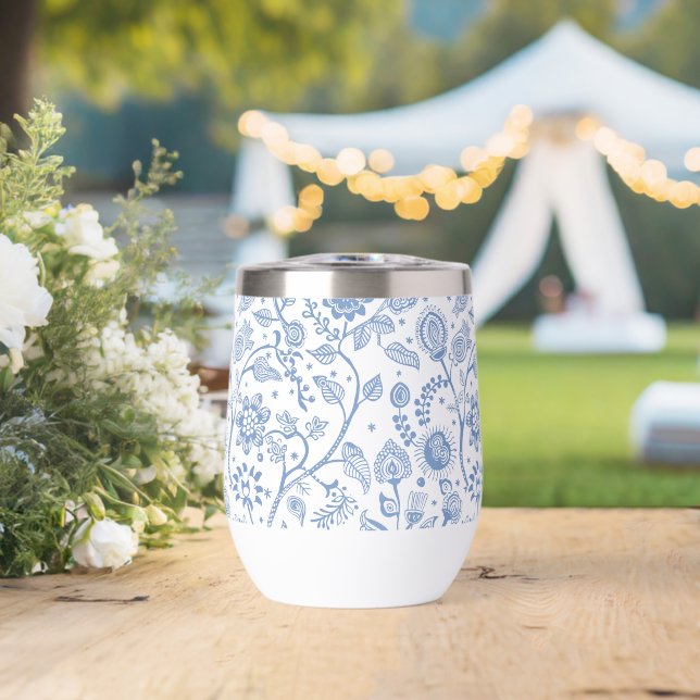 Blanco Azul Floral Patrón Botánico Caprichoso Boho (Boda (girada))
