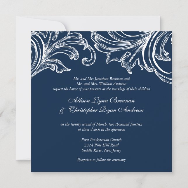 Blanco blanco azul de la invitación a la boda de D (Anverso)