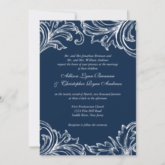 Blanco blanco azul de la invitación a la boda de D (Anverso)